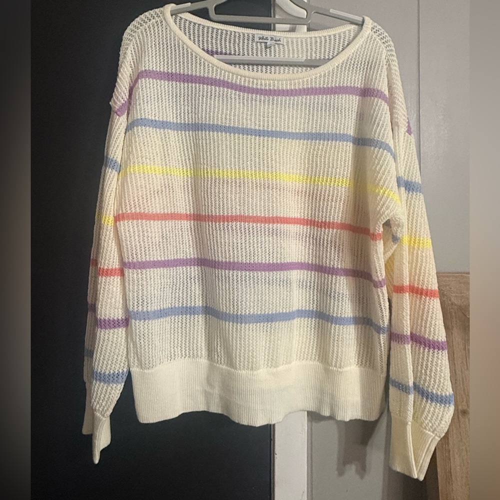 White Birch Cream Sweater with Rainbow Stripes